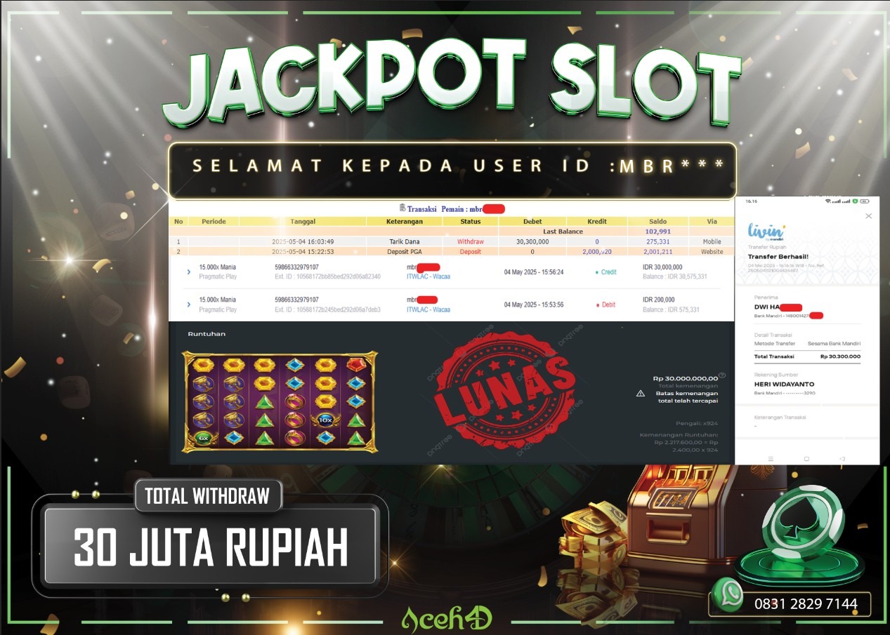 JACKPOT SLOT DARI MEMBER SETIA ACEH4D TGL 04/05/2025 💸💸