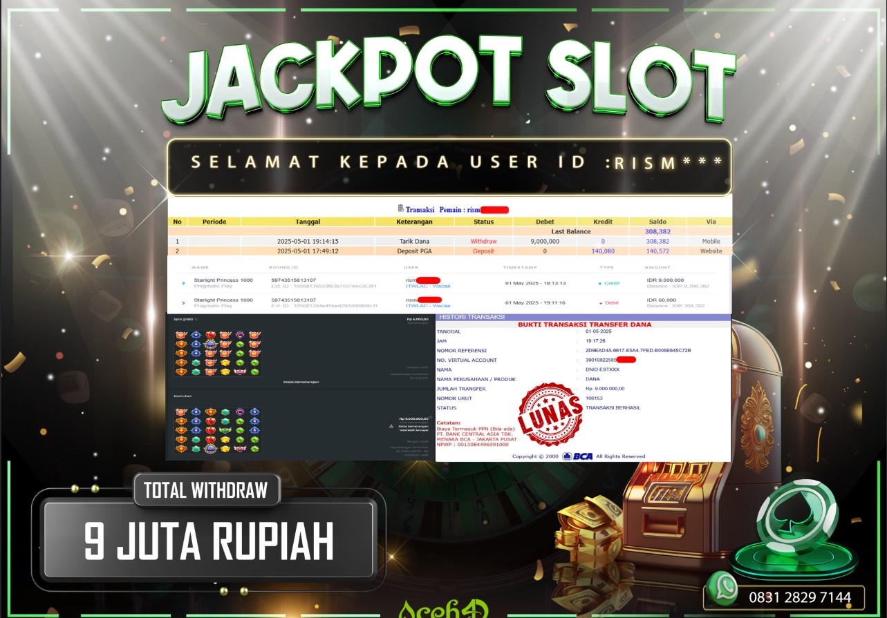 JACKPOT SLOT DARI MEMBER SETIA ACEH4D TGL 01/05/2025 💸💸