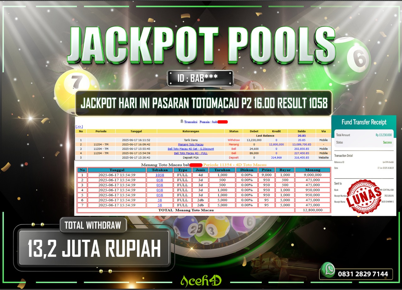 🔥🔥 JACKPOT HARI INI,SELASA 17-06-2025 🔥🔥  JACKPOT TOGEL PASARAN TOTOMACAU P2 16.00DARI MEMBER SETIA ACEH4D 💸💸