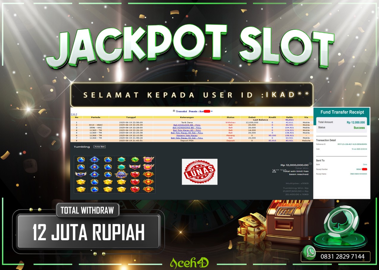 🔥🔥 JACKPOT HARI INI, KAMIS 19-06-2025 🔥🔥 JACKPOT SLOT DARI MEMBER SETIA ACEH4D 💸💸
