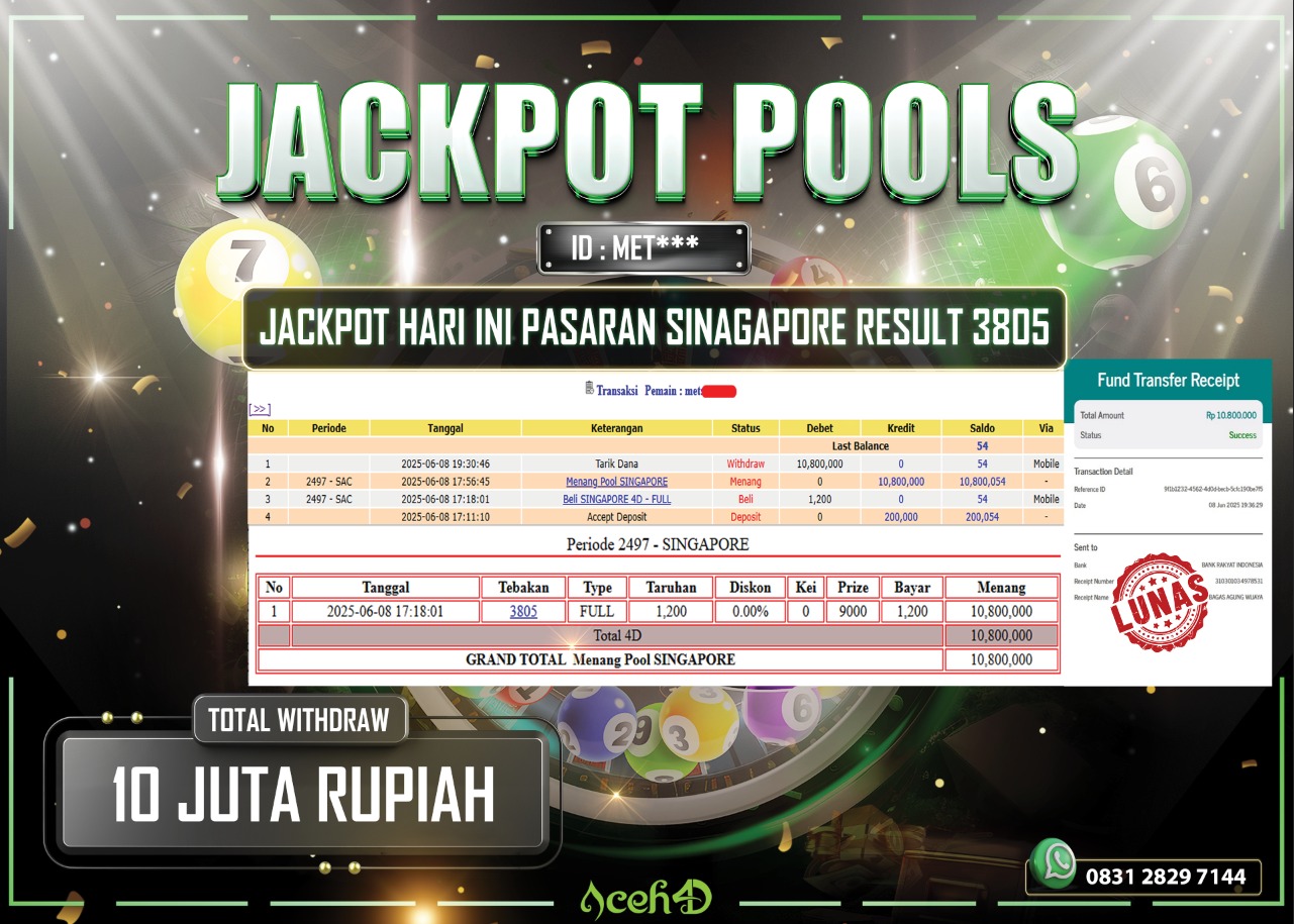 🔥🔥 JACKPOT HARI INI,MINGGU 08-06-2025 🔥🔥  JACKPOT TOGEL PASARAN SINGAPORE DARI MEMBER SETIA ACEH4D 💸💸