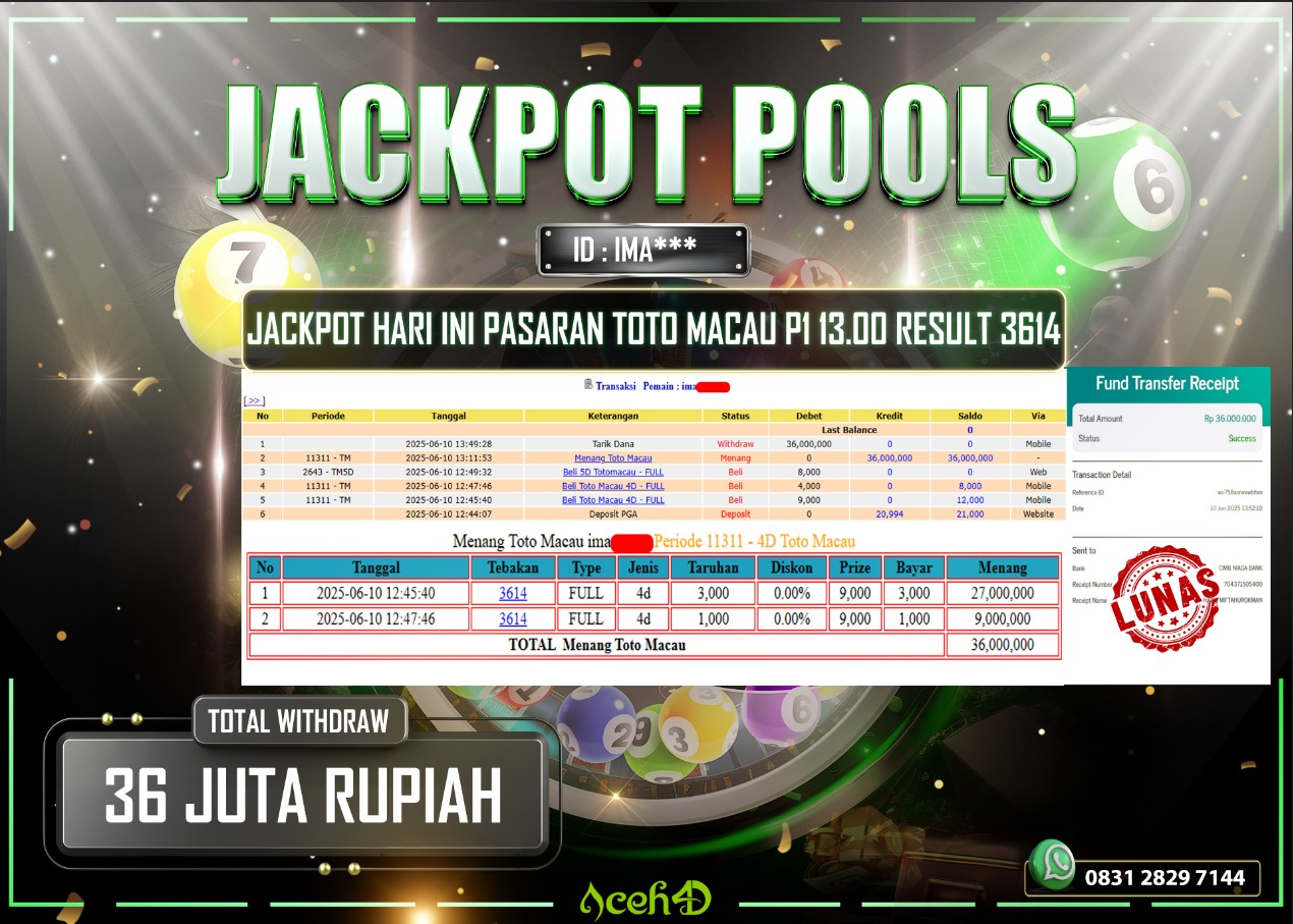 🔥🔥 JACKPOT HARI INI,SELASA 10-06-2025 🔥🔥  JACKPOT TOGEL PASARAN TOTOMACAU P1 13.00 DARI MEMBER SETIA ACEH4D 💸💸