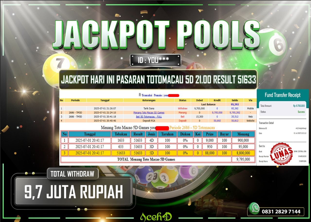 🔥🔥 JACKPOT HARI INI,SELASA 01-07-2025 🔥🔥  JACKPOT TOGEL PASARAN TOTOMACAU 5D DARI MEMBER SETIA ACEH4D 💸💸