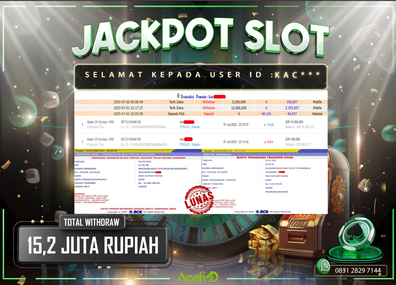 🔥🔥 JACKPOT HARI INI, SELASA 01-07-2025 🔥🔥  JACKPOT SLOT DARI MEMBER SETIA ACEH4D 💸💸