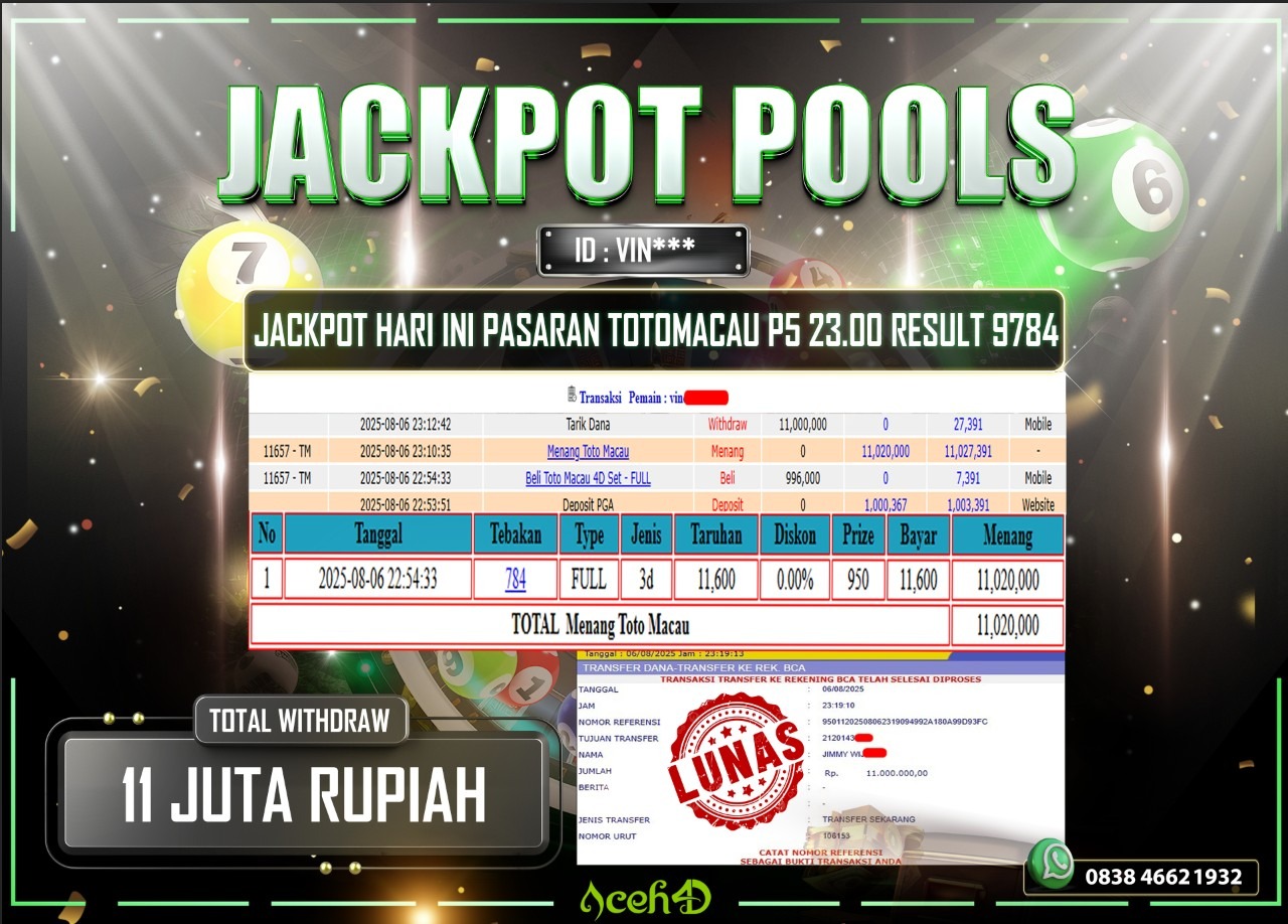 🔥🔥 JACKPOT HARI INI,RABU 06-08-2025 🔥🔥  JACKPOT TOGEL PASARAN TOTOMACAU P5 23.00 DARI MEMBER SETIA ACEH4D 💸💸
