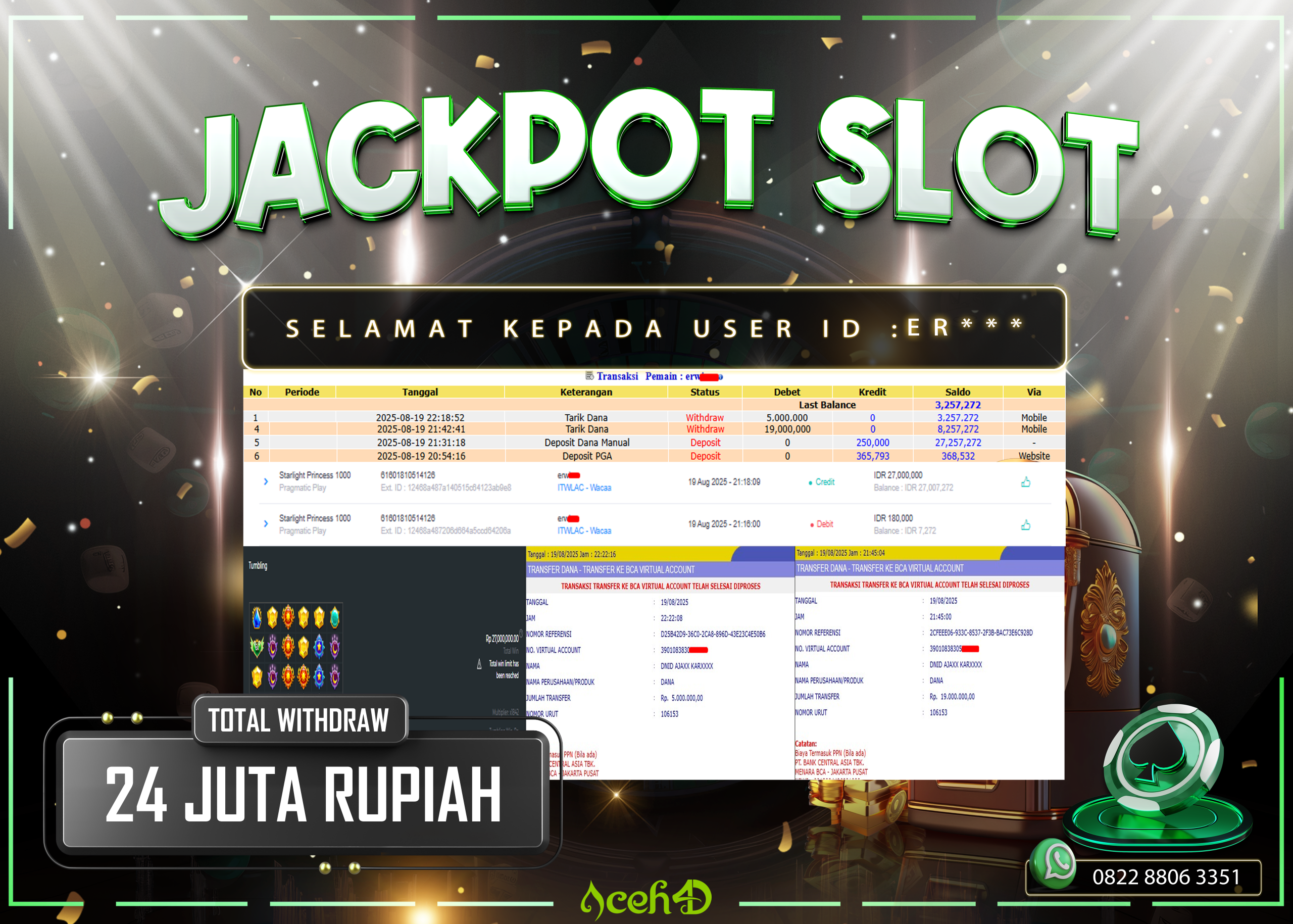 JACKPOT SLOT DARI MEMBER SETIA ACEH4D TGL 19/08/2025 💸💸