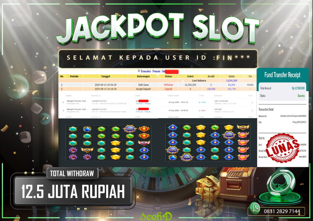 🔥🔥 JACKPOT HARI INI, JUMAT 15-08-2025 🔥🔥  JACKPOT SLOT DARI MEMBER SETIA ACEH4D 💸💸