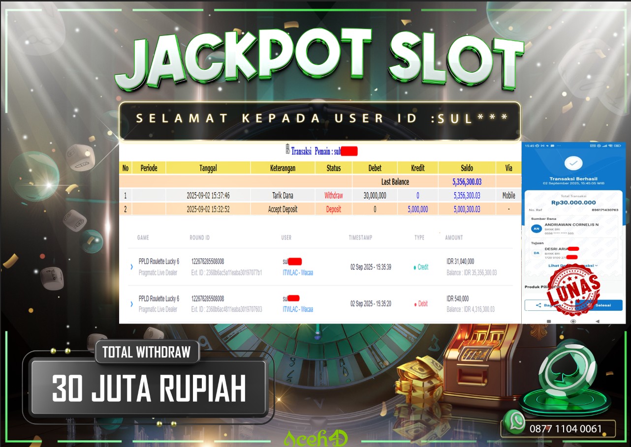 🔥🔥 JACKPOT HARI INI,SELASA 02-09-2025 🔥🔥  JACKPOT PRAGMATIC LIVECASINO DARI MEMBER SETIA ACEH4D 💸💸
