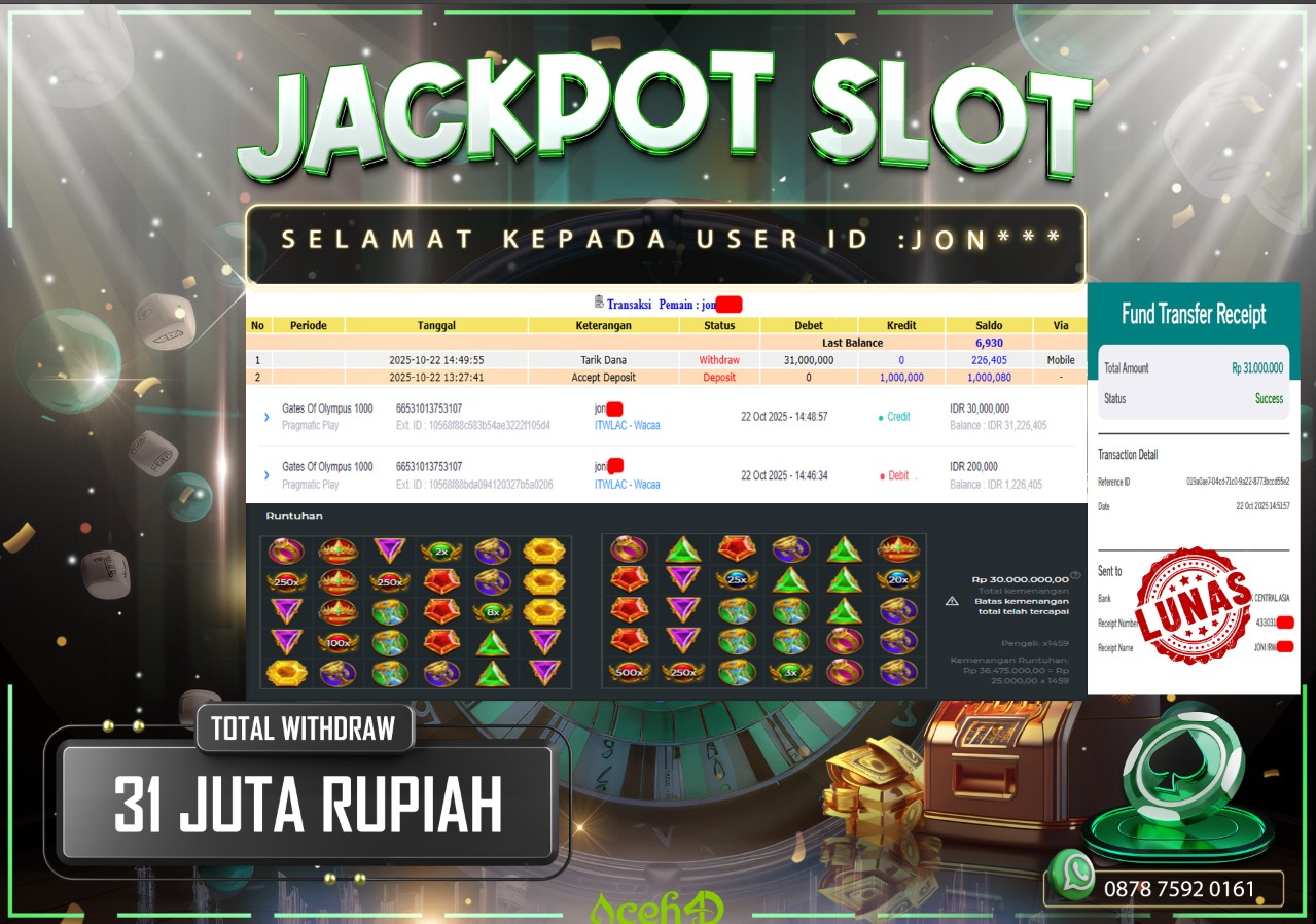 🔥🔥 JACKPOT HARI INI, RABU 22-10-2025 🔥🔥  JACKPOT SLOT DARI MEMBER SETIA ACEH4D 💸💸