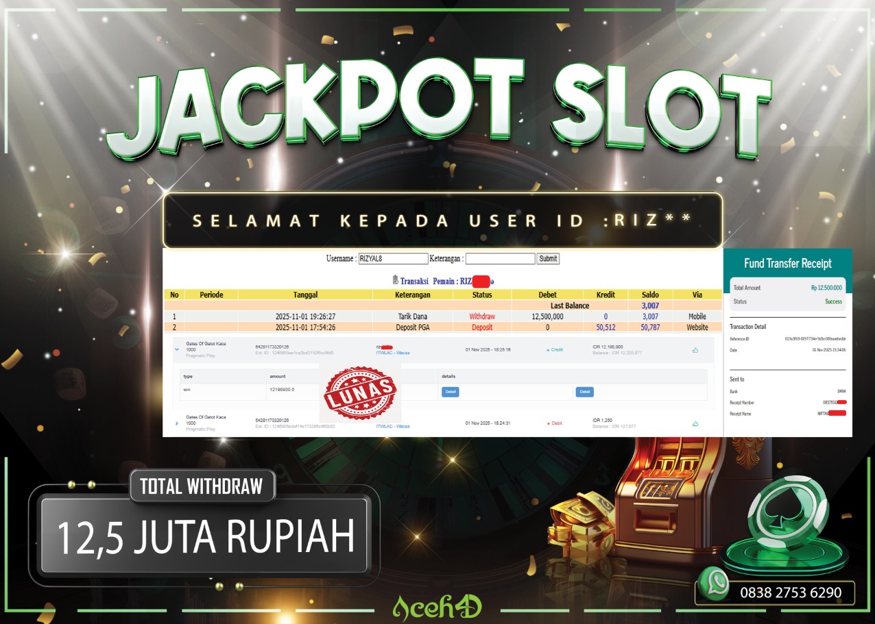 🔥🔥 JACKPOT HARI INI, SABTU 01-11-2025 🔥🔥  JACKPOT SLOT DARI MEMBER SETIA ACEH4D 💸💸