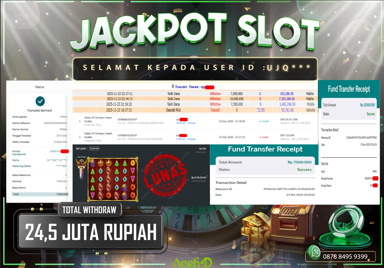 🔥🔥 JACKPOT HARI INI,MINGGU 23-11-2025 🔥🔥  JACKPOT SLOT DARI MEMBER SETIA ACEH4D 💸💸